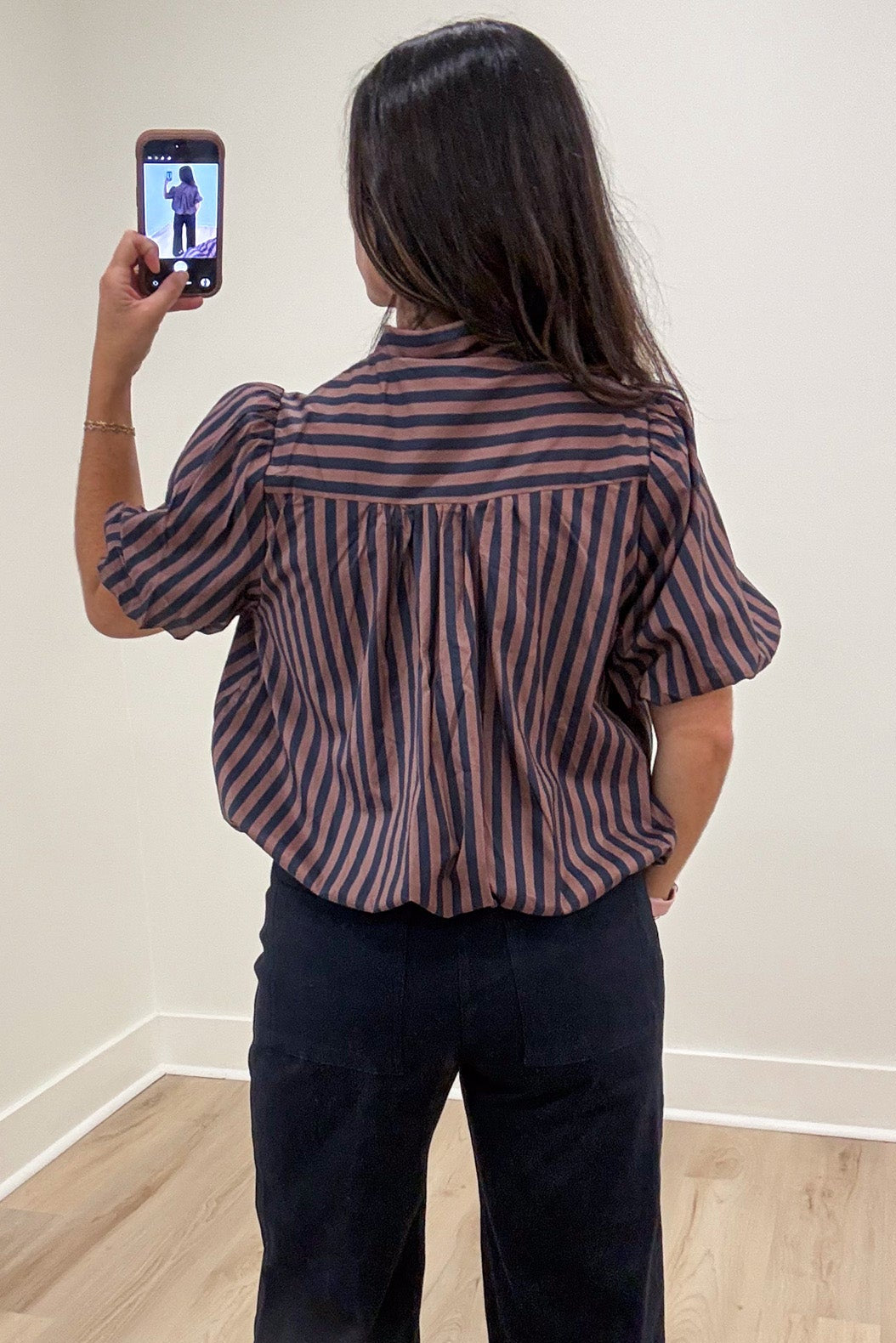 navy blue and brown striped button front bubble hem semi-cropped cotton poplin top
