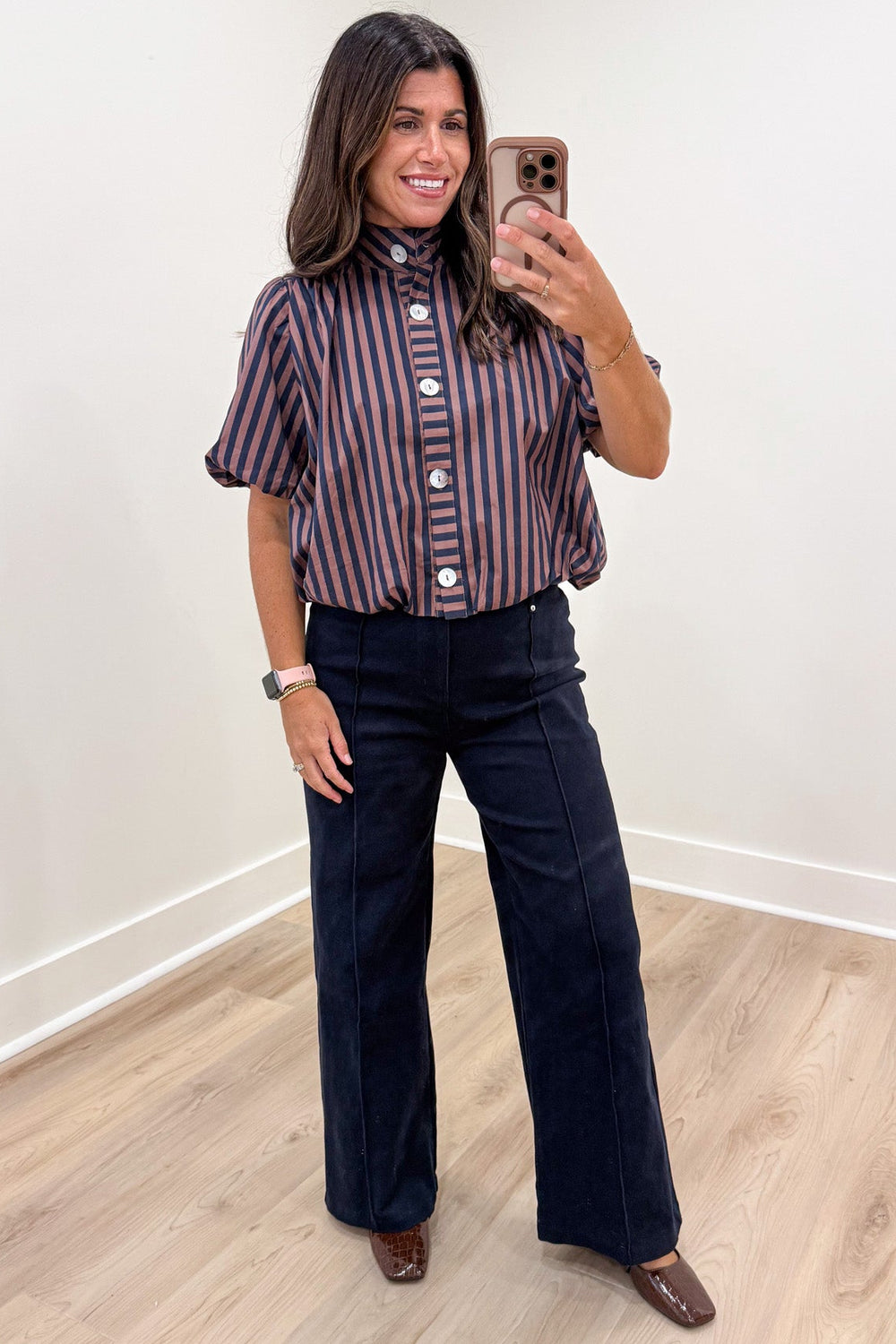 navy blue and brown striped button front mock neck bubble hem semi-cropped top