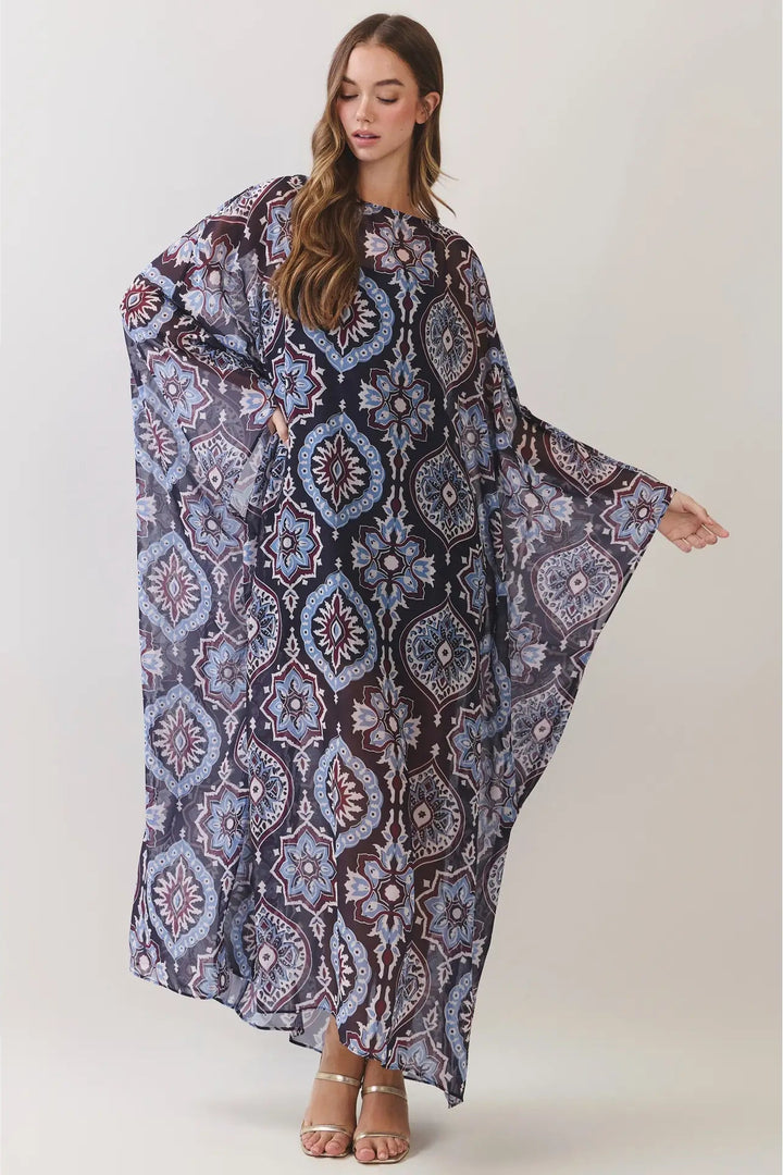 caftan medallion navy burgundy maxi dress