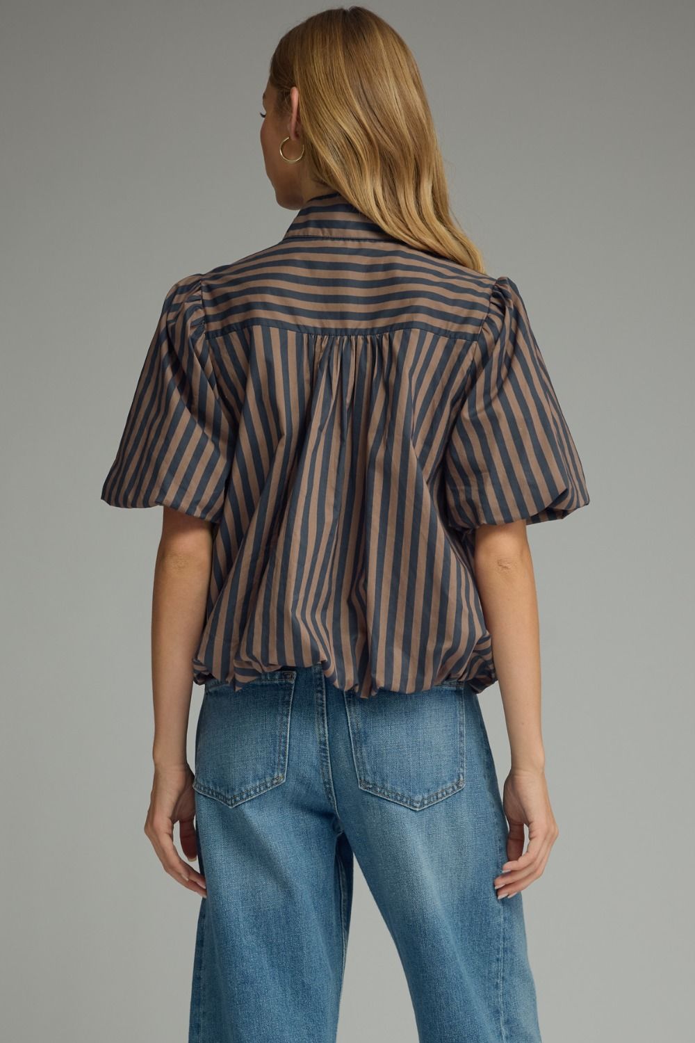 Women's semi-cropped button front navy and brown striped top with bubble hem and tiered detail in back at shoulders