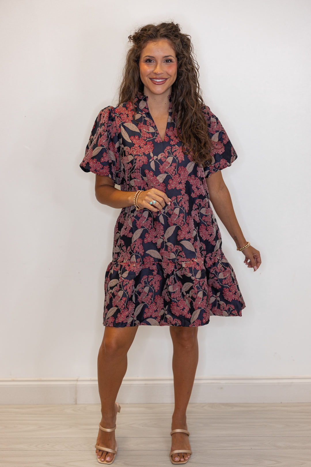 Woman's burgundy and black floral printed dress 