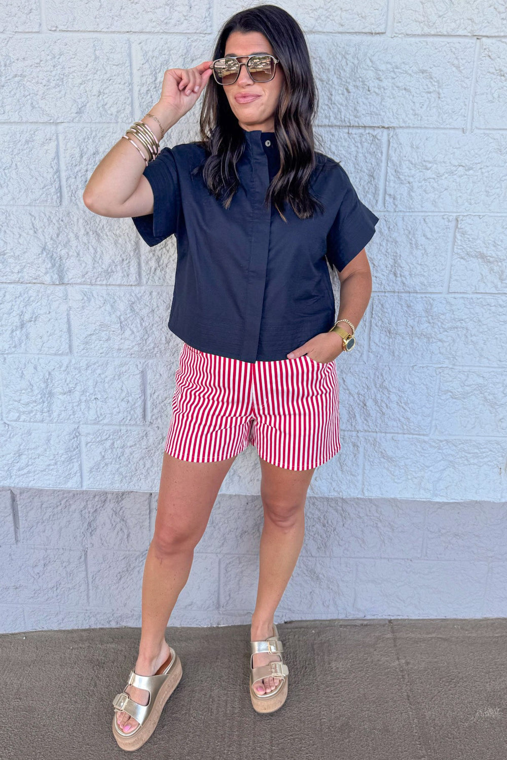 solid navy button front cotton linen blend top