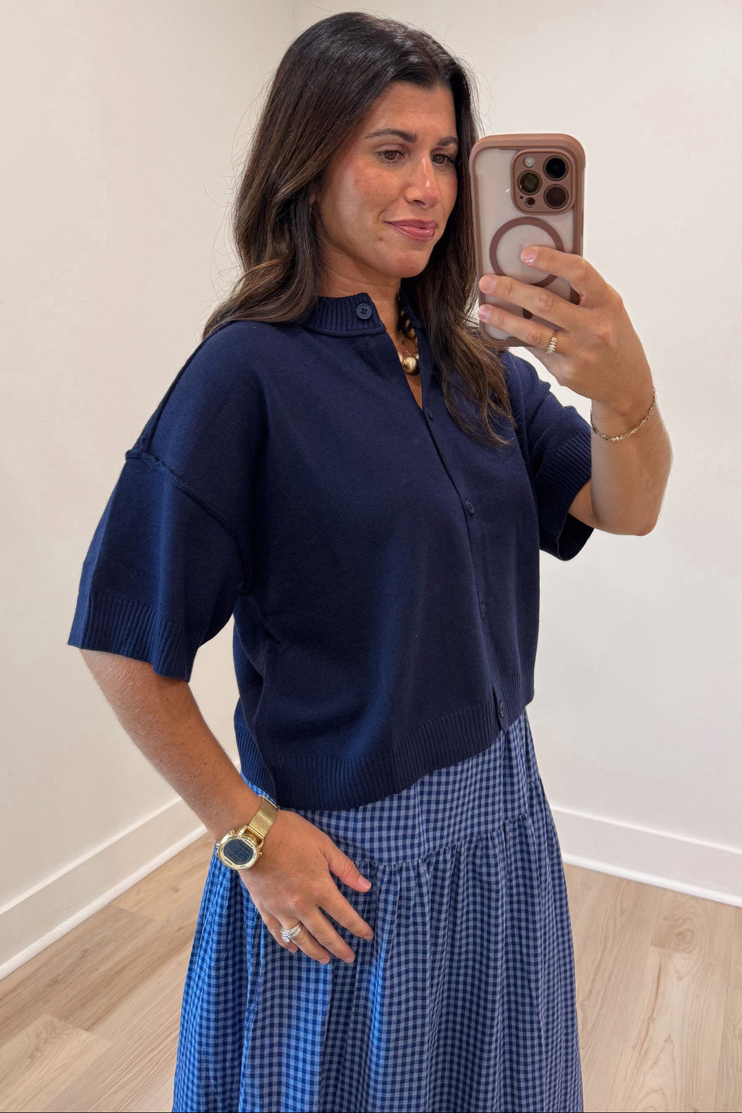 solid navy blue drop shoulder half-length sleeve button front semi-cropped knit cardigan top