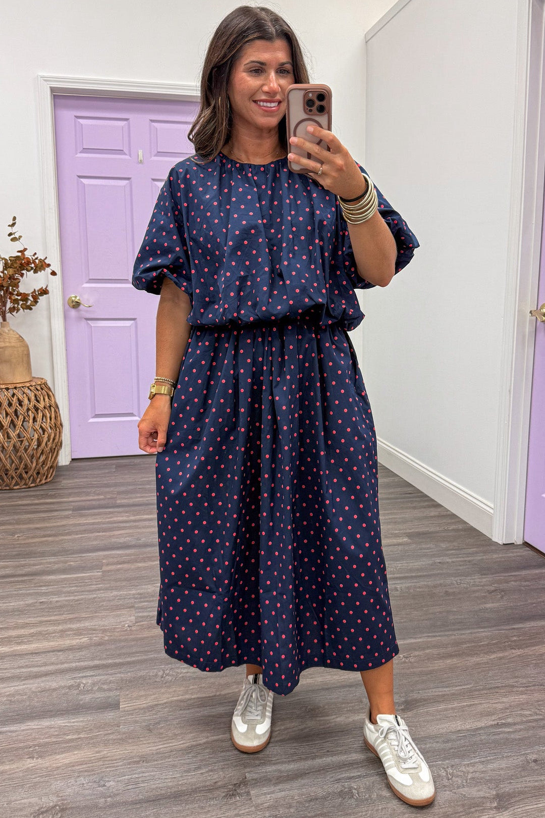 navy blue with coral polka dot print elastic waist cotton poplin midi skirt
