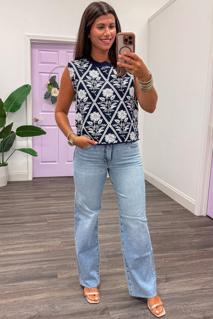 navy with cream diamond floral print crew neckline sleeveless semi-cropped knit top