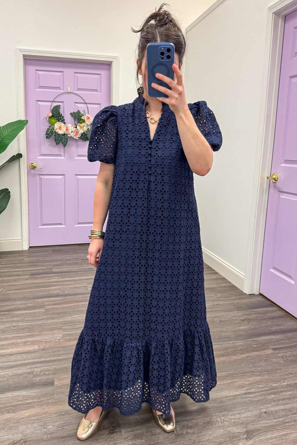 navy blue embroidered eyelet detail puff sleeve maxi dress v neck