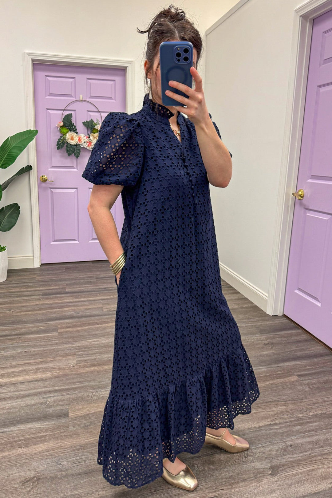 navy blue embroidered eyelet detail puffed short sleeve maxi dress