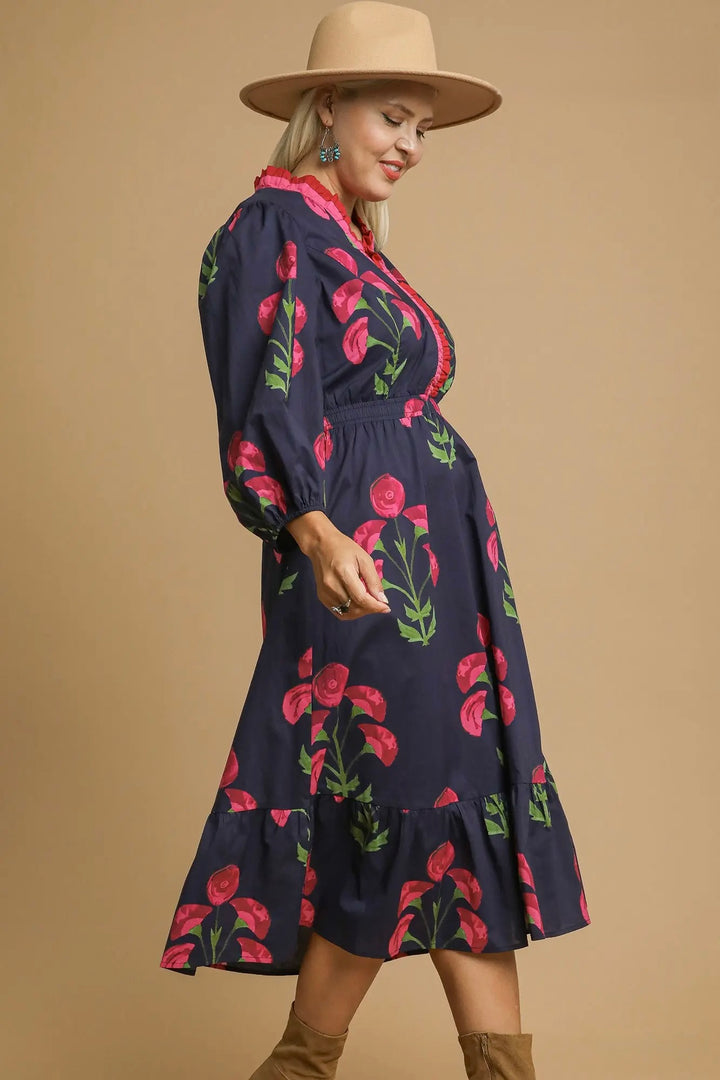 Floral Flounce Navy Midi Dress
