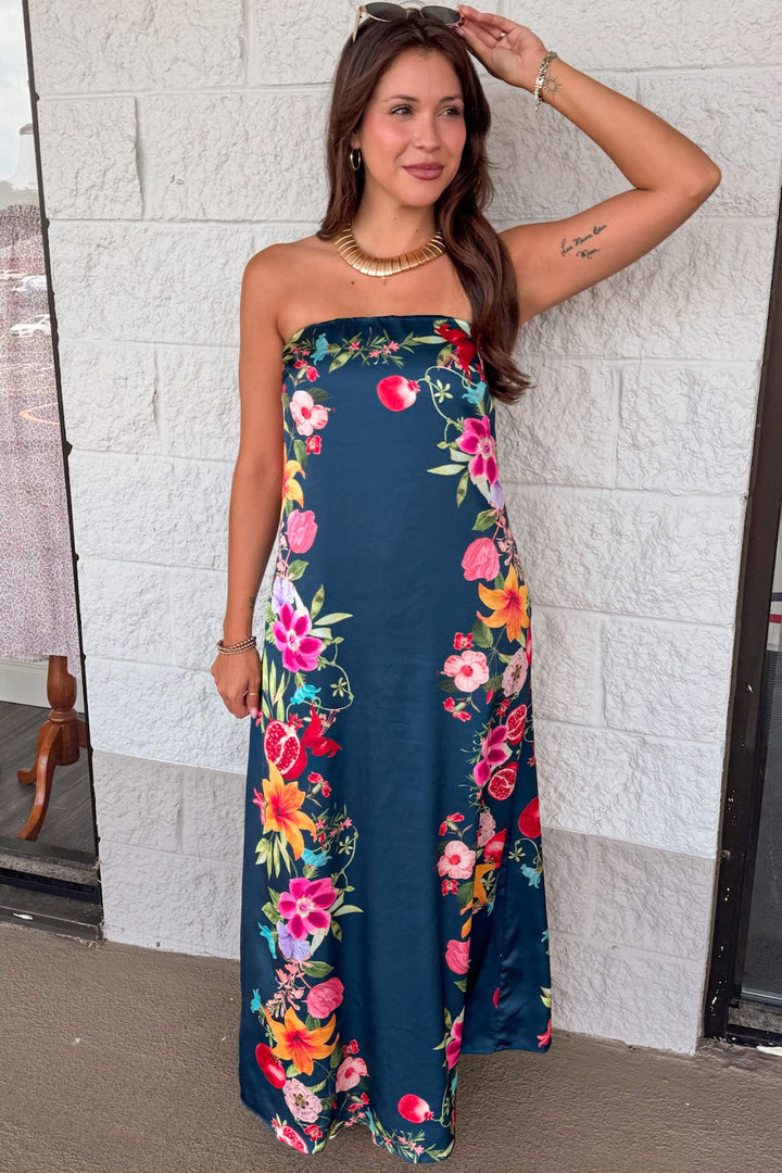 navy with bright multicolored border floral print strapless satin maxi dress