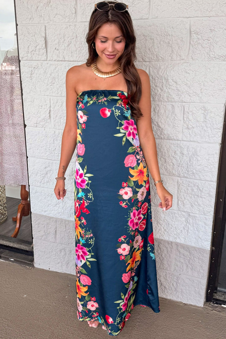 navy blue with multicolored border floral print strapless satin maxi dress