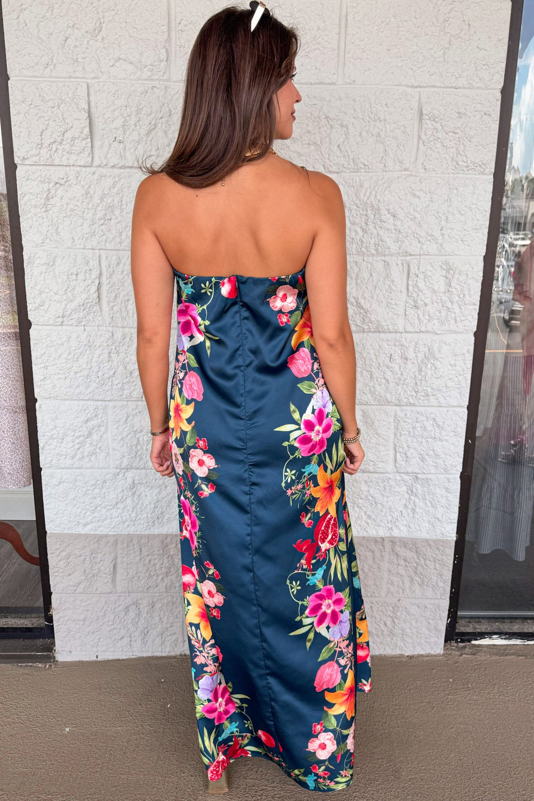 navy with multicolored border floral print strapless back zipper closure satin maxi dress