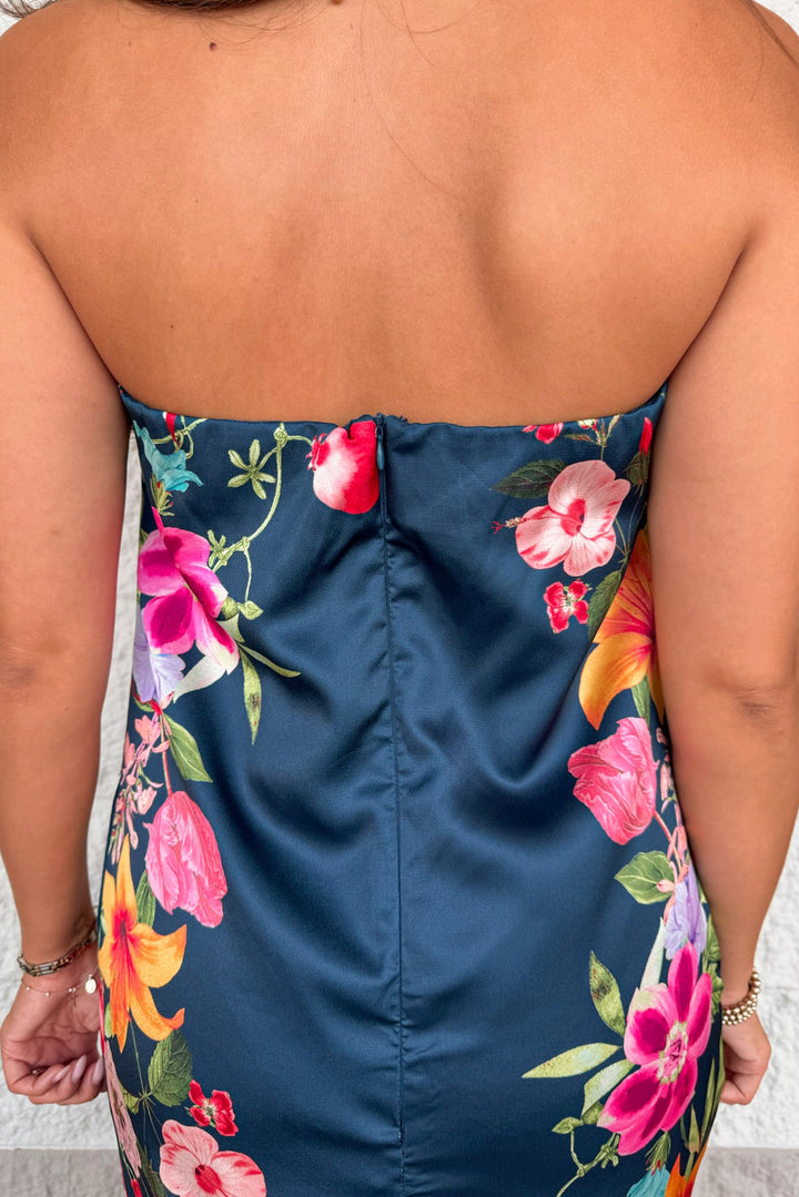navy with multicolored border tropical floral print strapless satin maxi dress