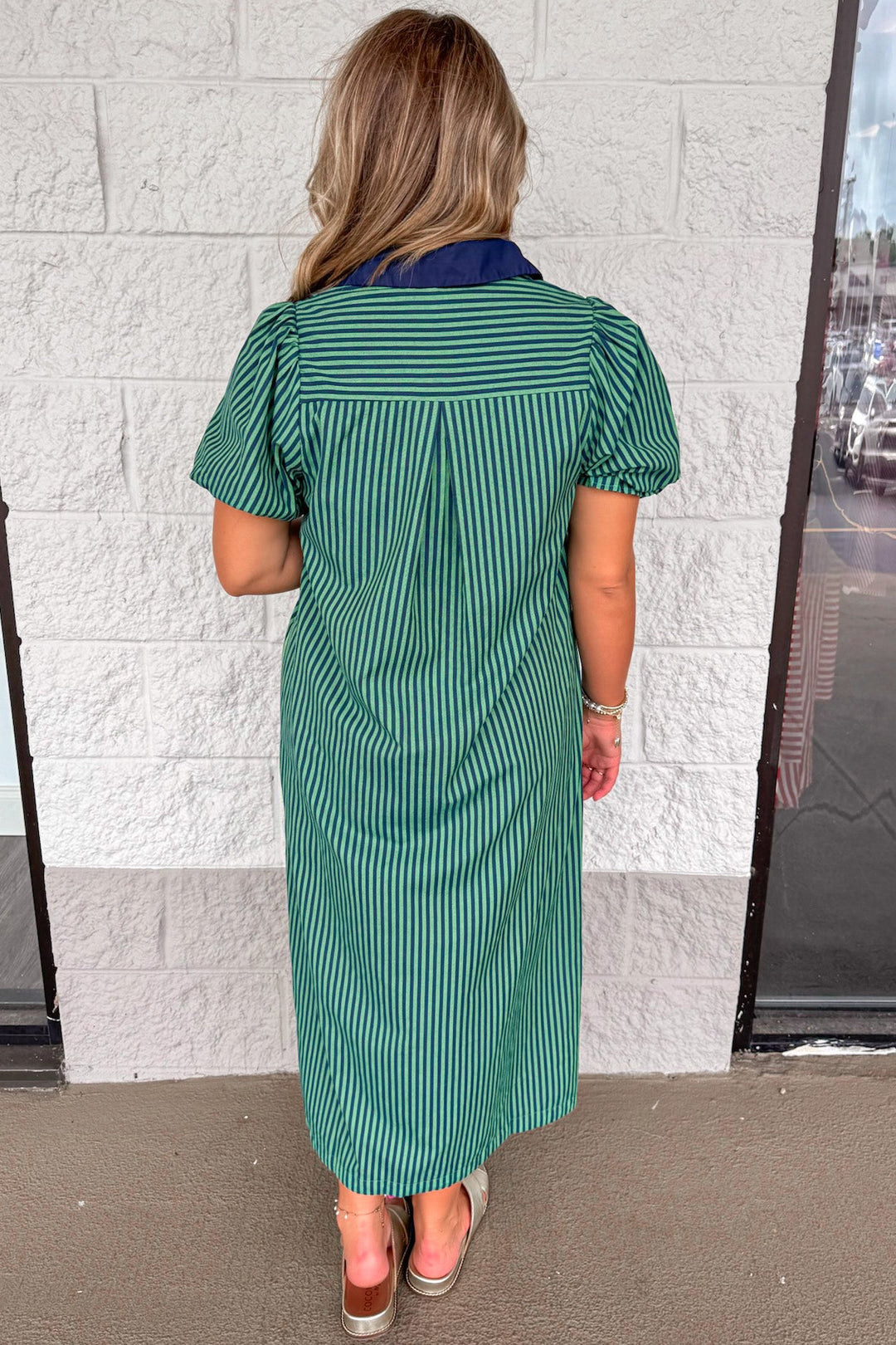 navy blue and green striped button front puff sleeve midi dress with back tiered detail