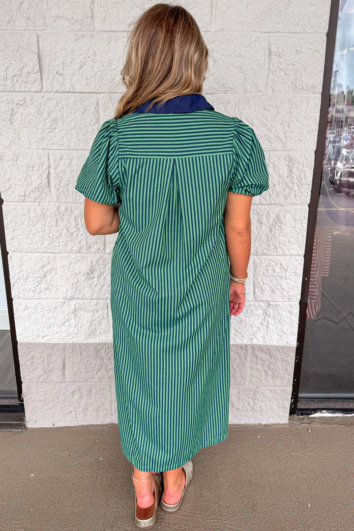 navy blue and green striped button front puff sleeve midi dress with back tiered detail