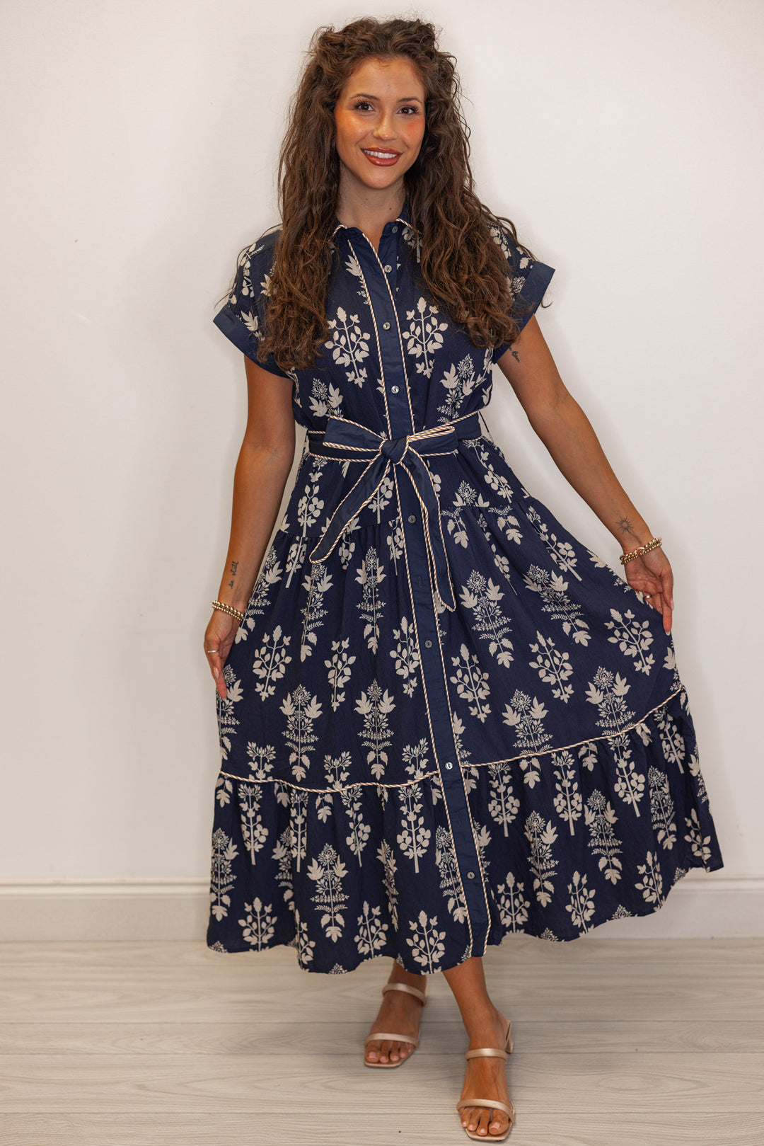 Women's navy and ivory floral print midi shirt dress