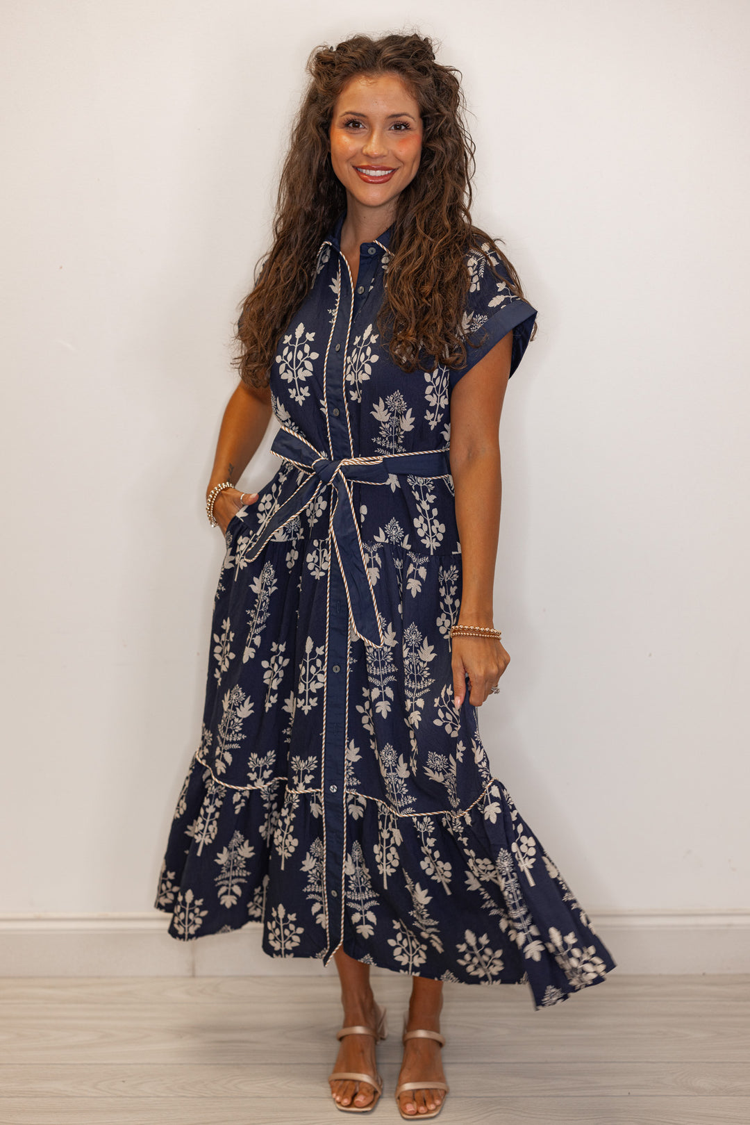 Women's navy floral print belted midi dress