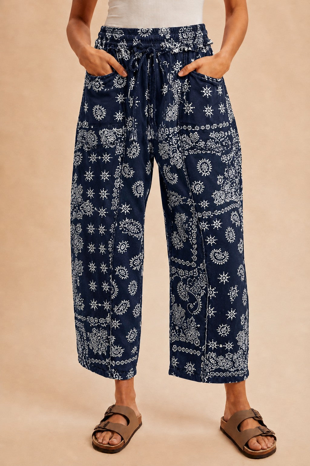 Navy and white french terry knit bandana print barrel pants