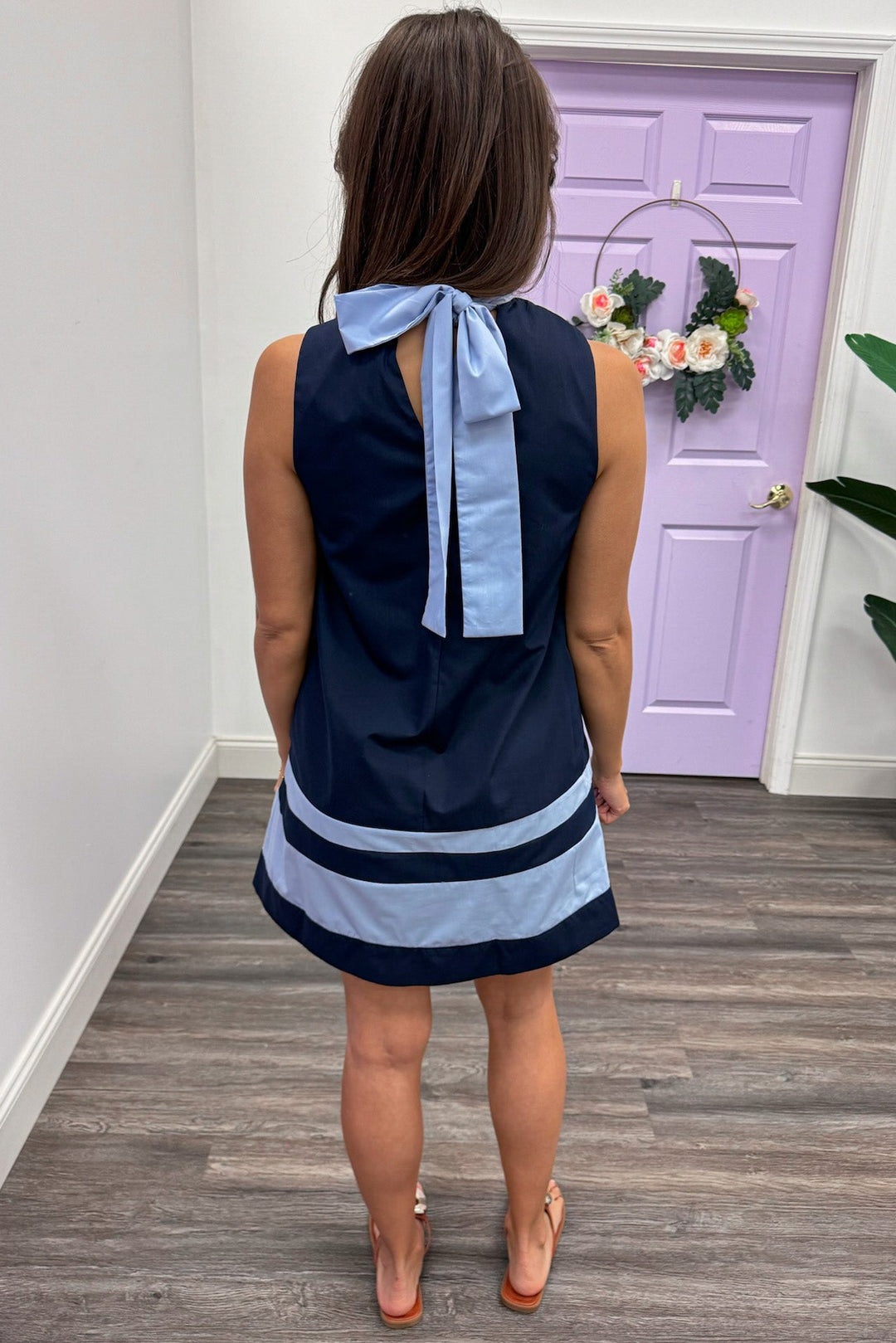 navy sleeveless mock neck back self tie closure light blue banded trim mini dress