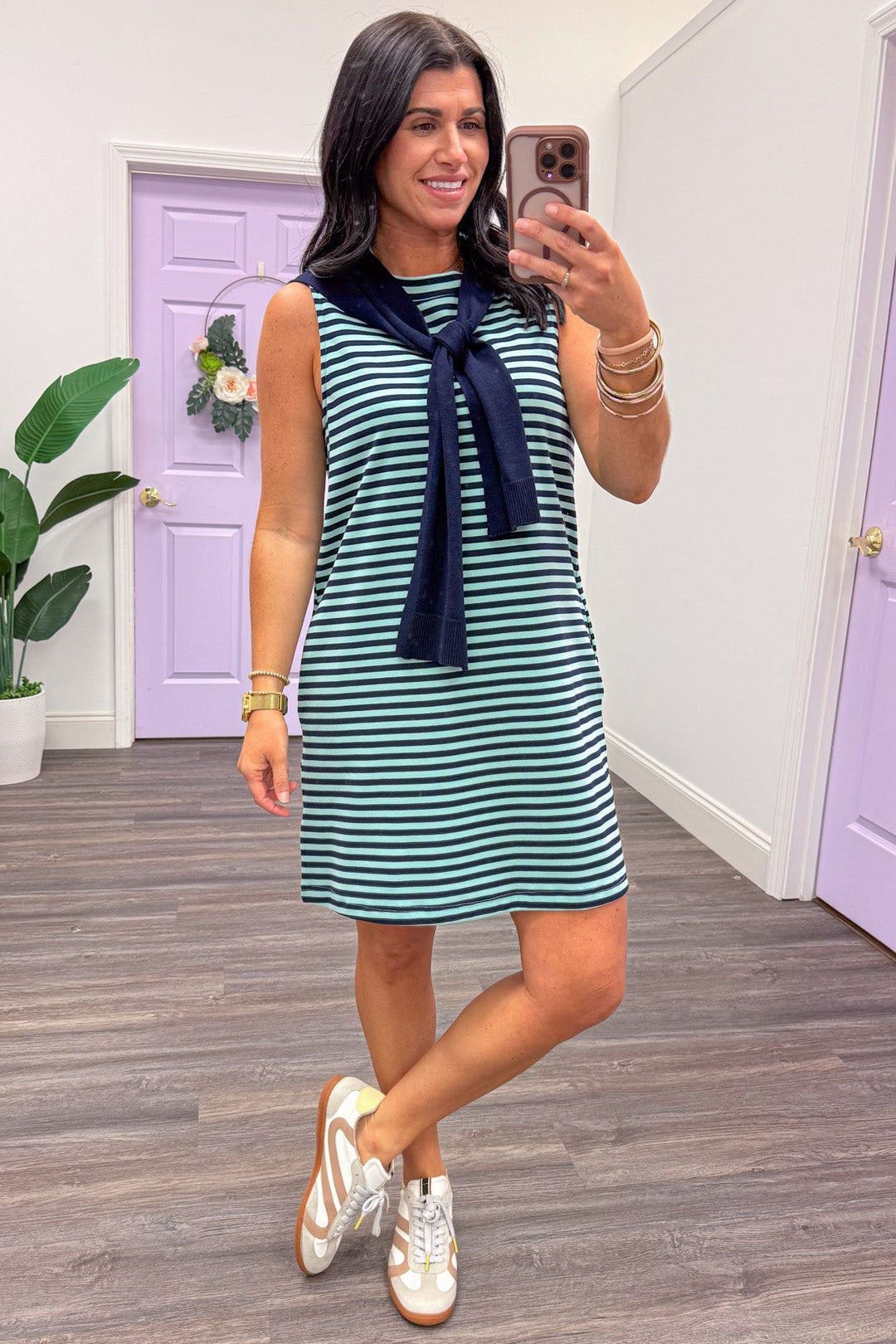 navy and mint horizontal striped sleeveless short knit dress with scarf