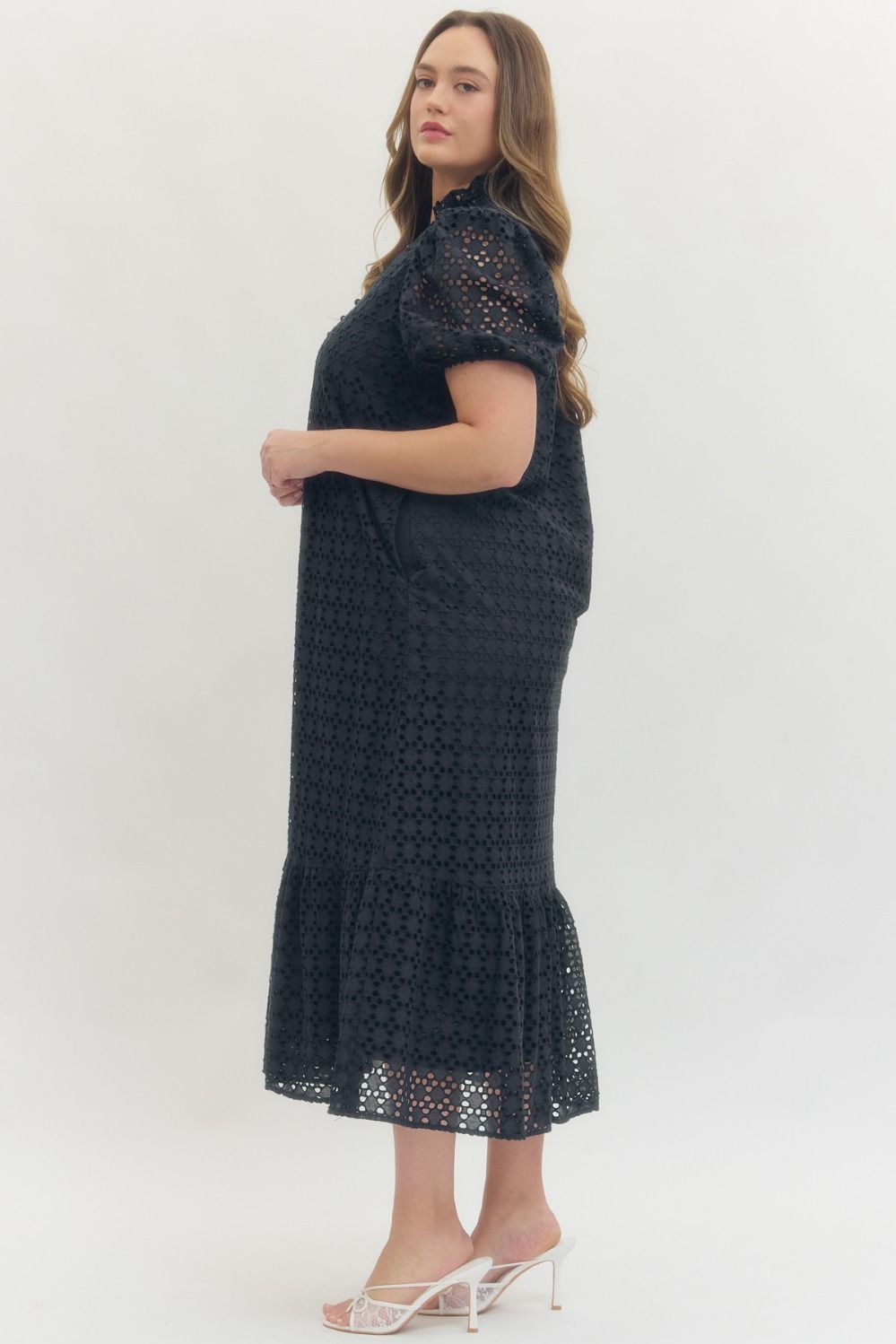 Entro navy blue embroidery eyelet detailed maxi dress in plus size with ruffled hem