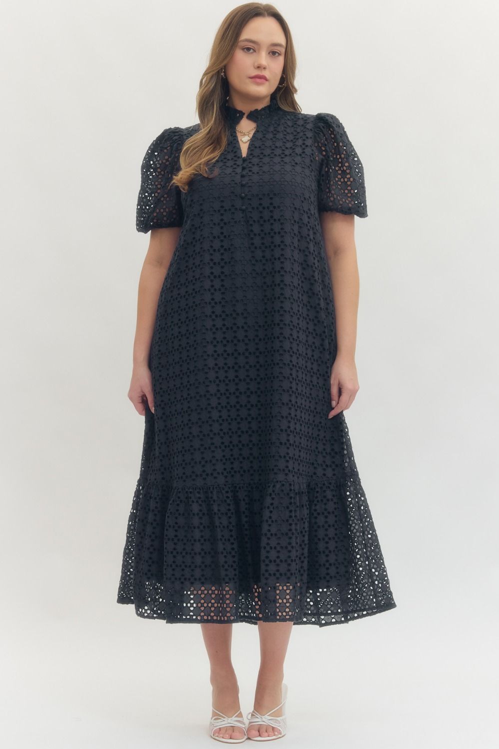 Entro navy blue embroidery eyelet detailed maxi dress in plus size
