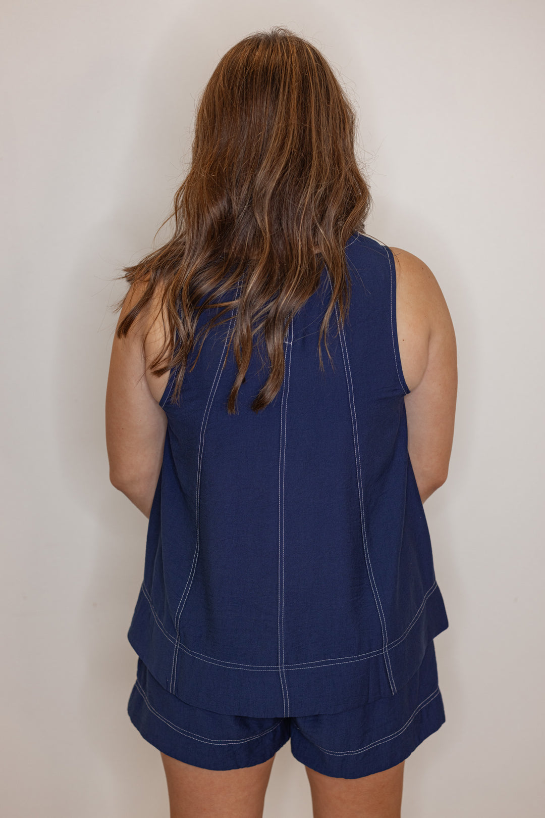 navy blue white stitching sleeveless top