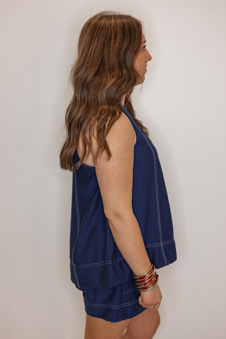navy blue white stitching sleeveless top