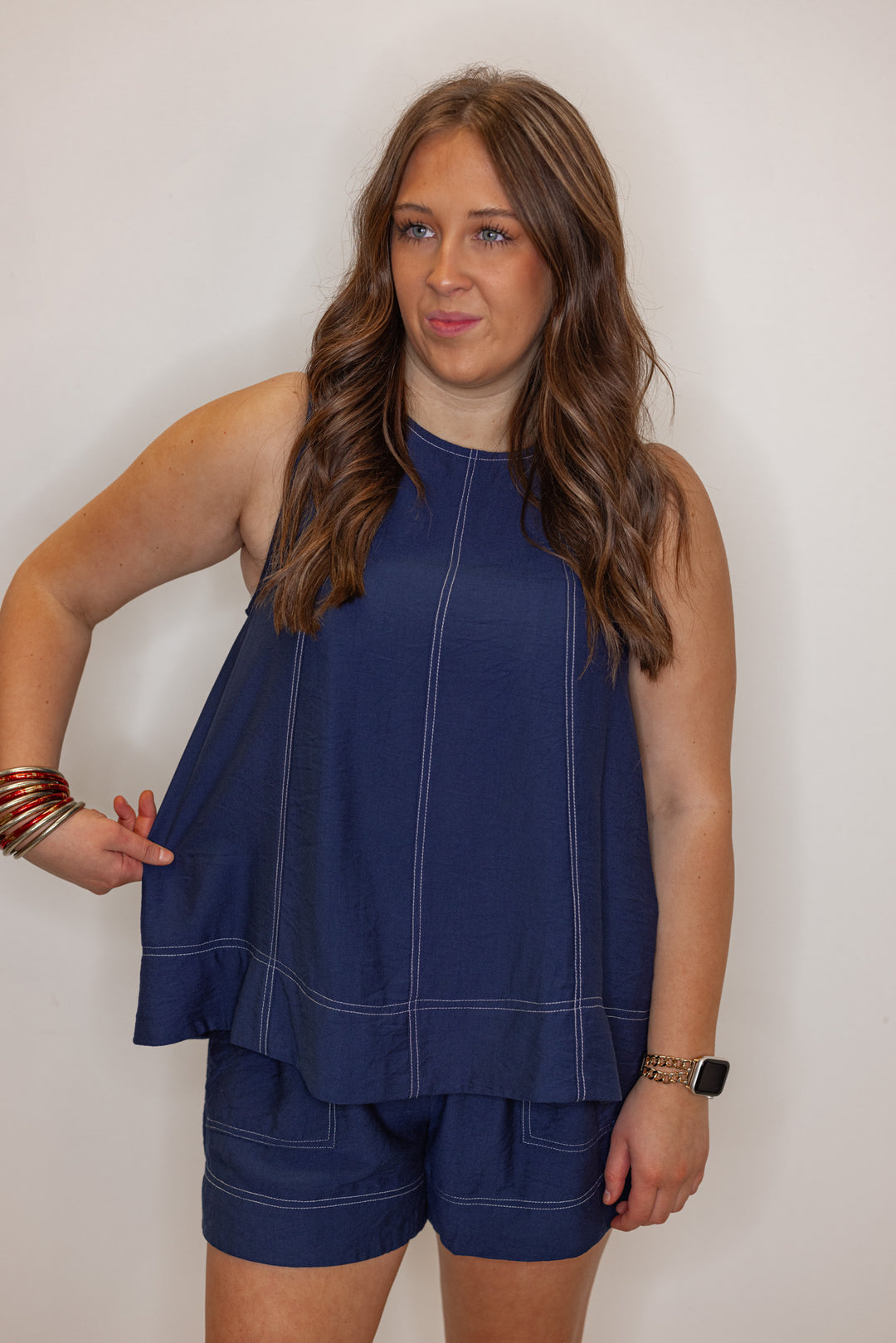 navy blue white stitching sleeveless top