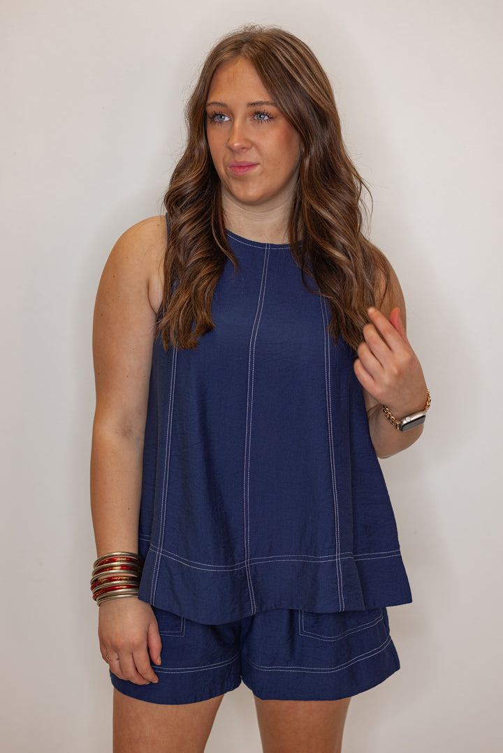 navy blue white stitching sleeveless top