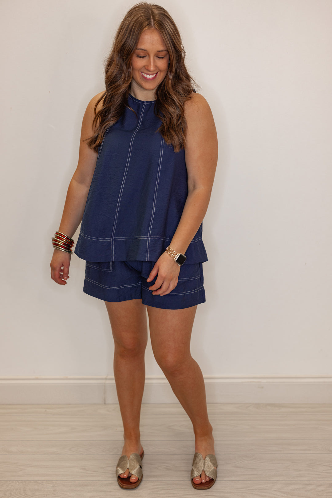 navy blue white stitching sleeveless top