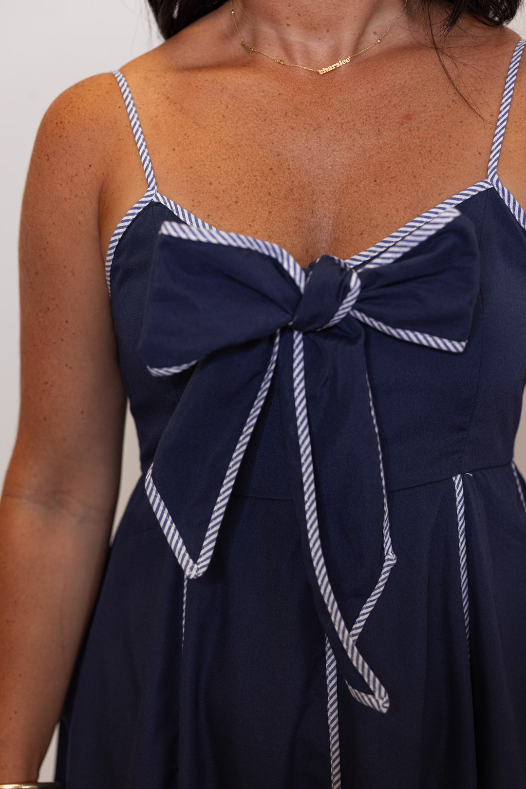 navy scalloped hem long dress