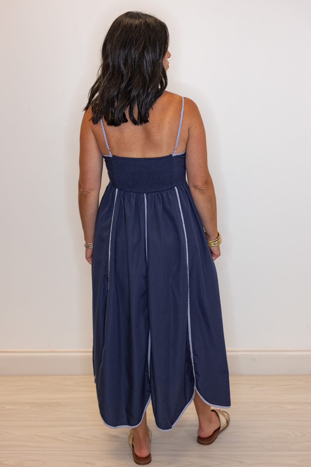navy blue scalloped hem midi dress