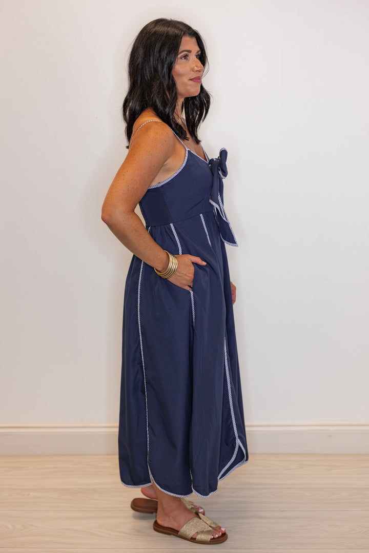 navy scalloped trim midi dress