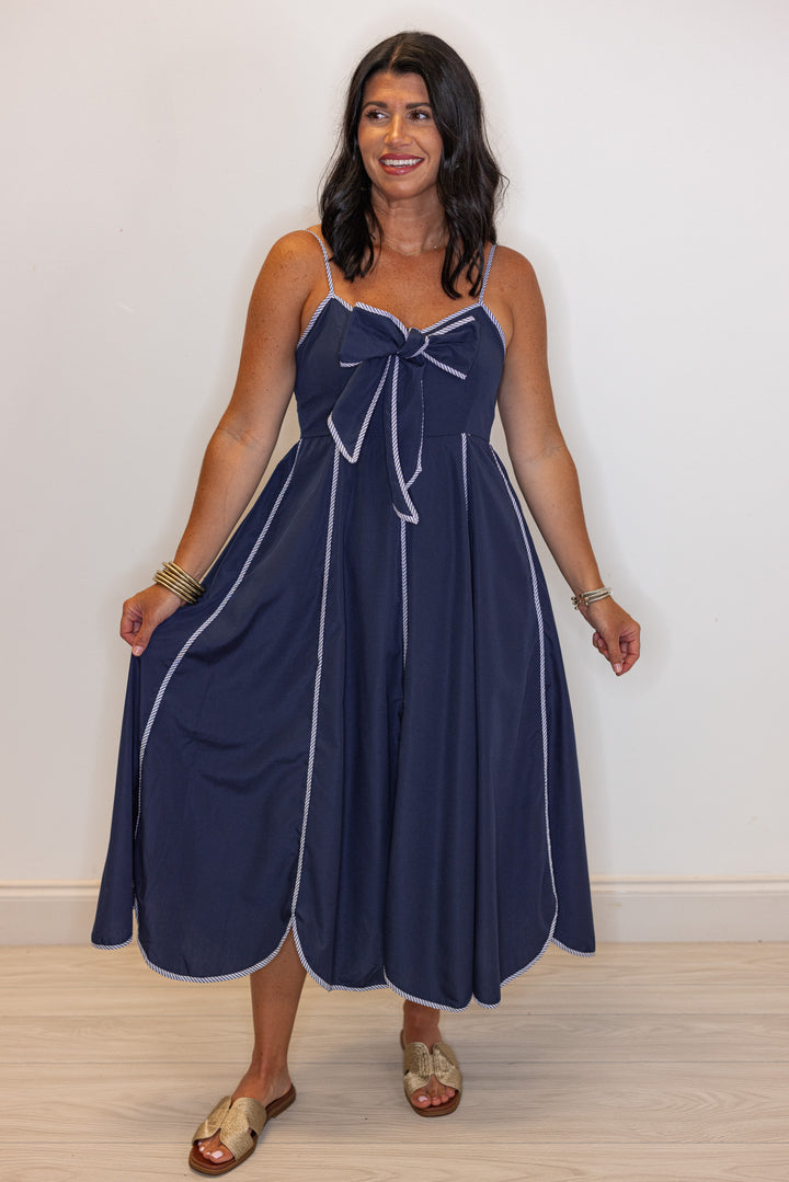 navy scalloped hem midi dress