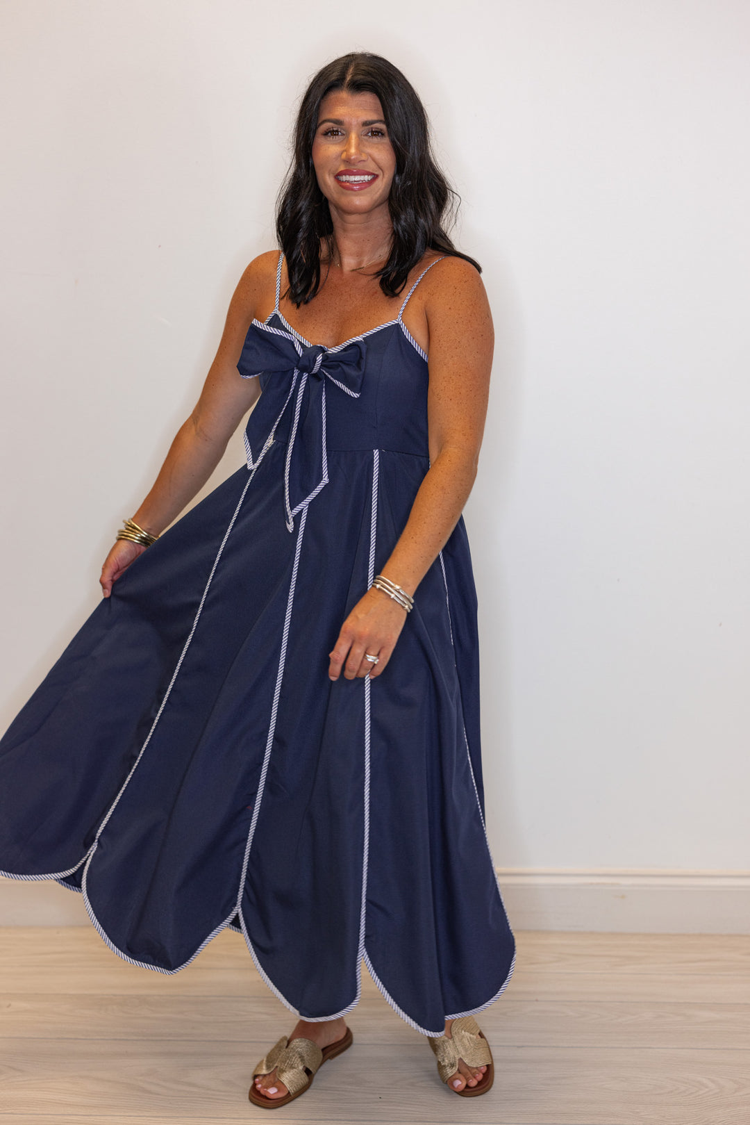 navy striped trim scalloped hem midi dress