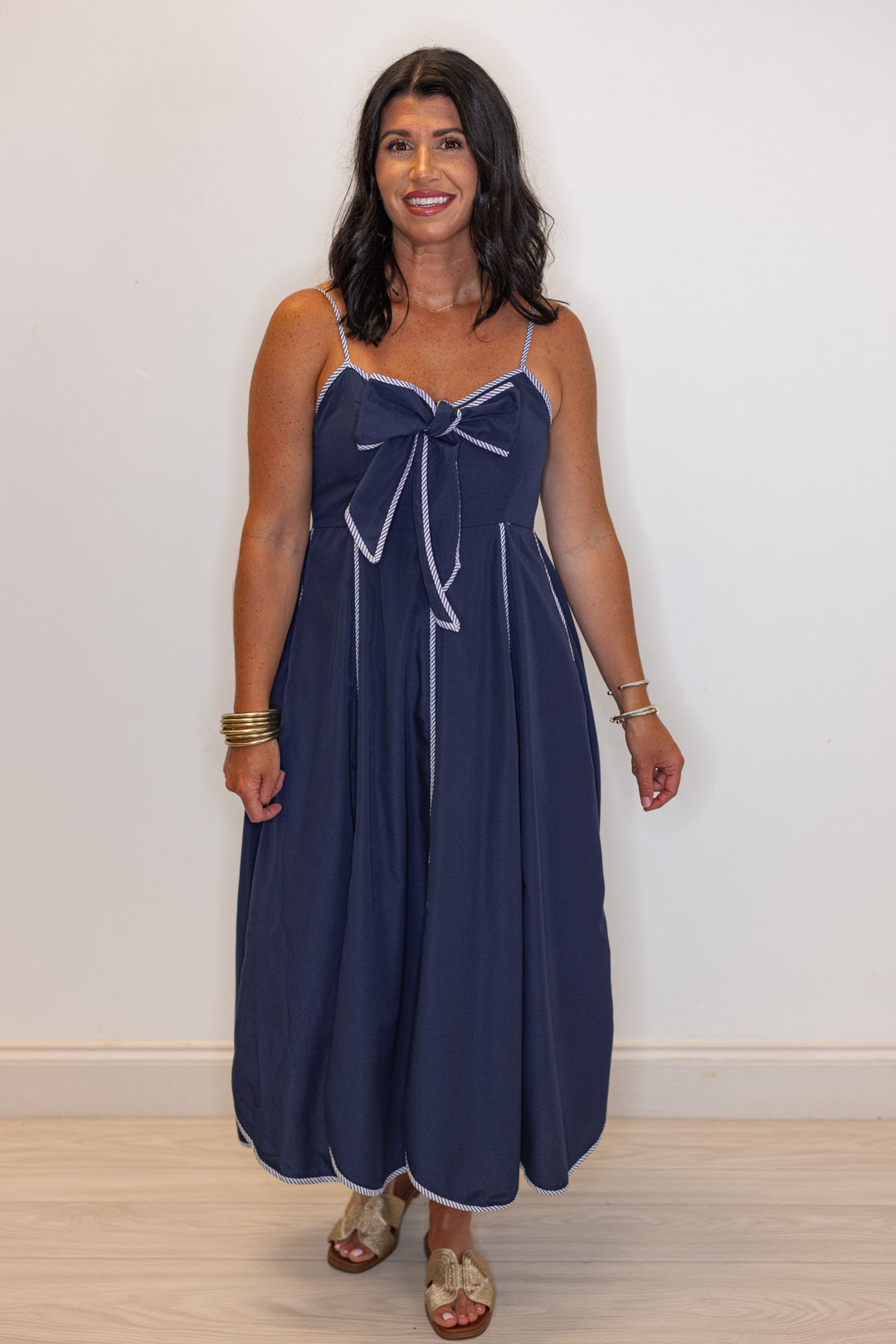 navy scalloped hem maxi dress