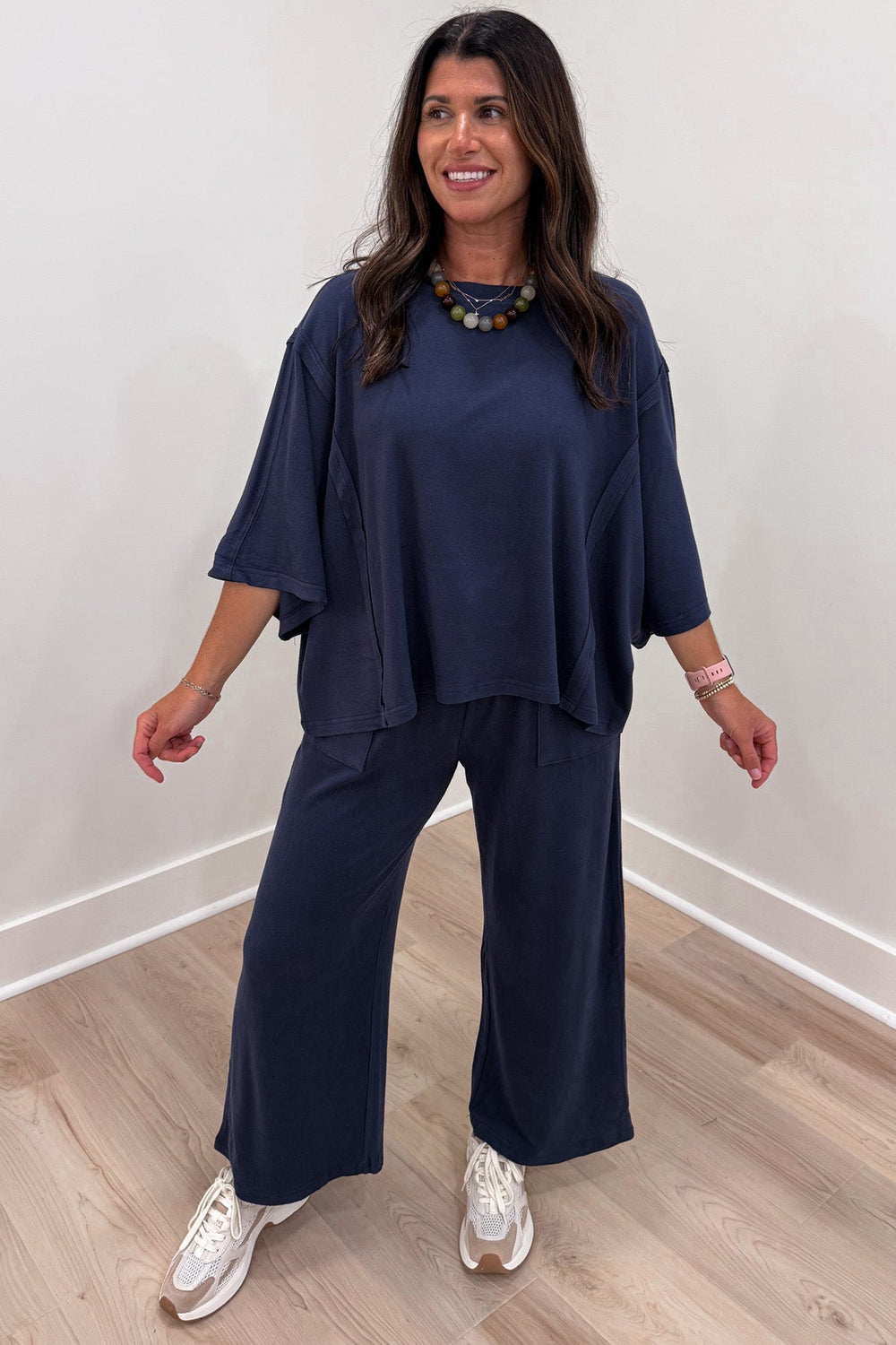 soft brushed lightweight knit solid navy blue top and pants matching loungewear set