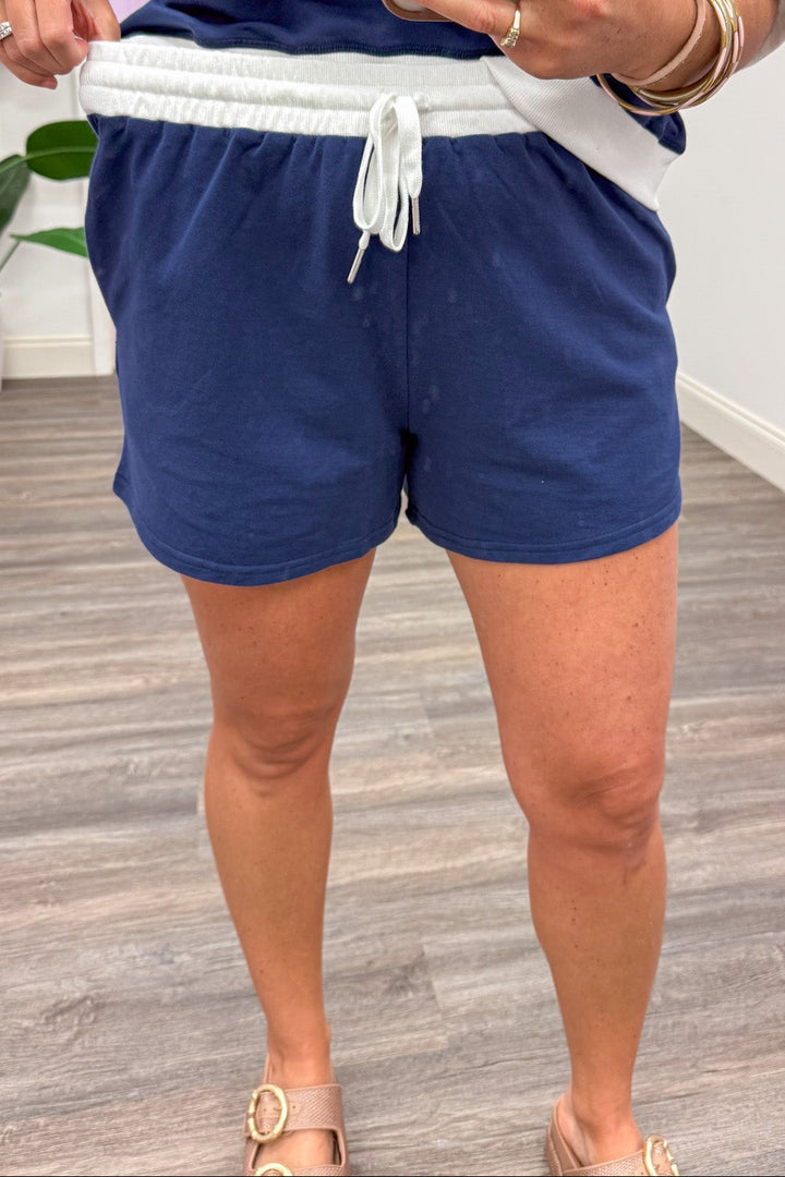 navy blue with white colorblock trim elastic waistband wide leg knit shorts