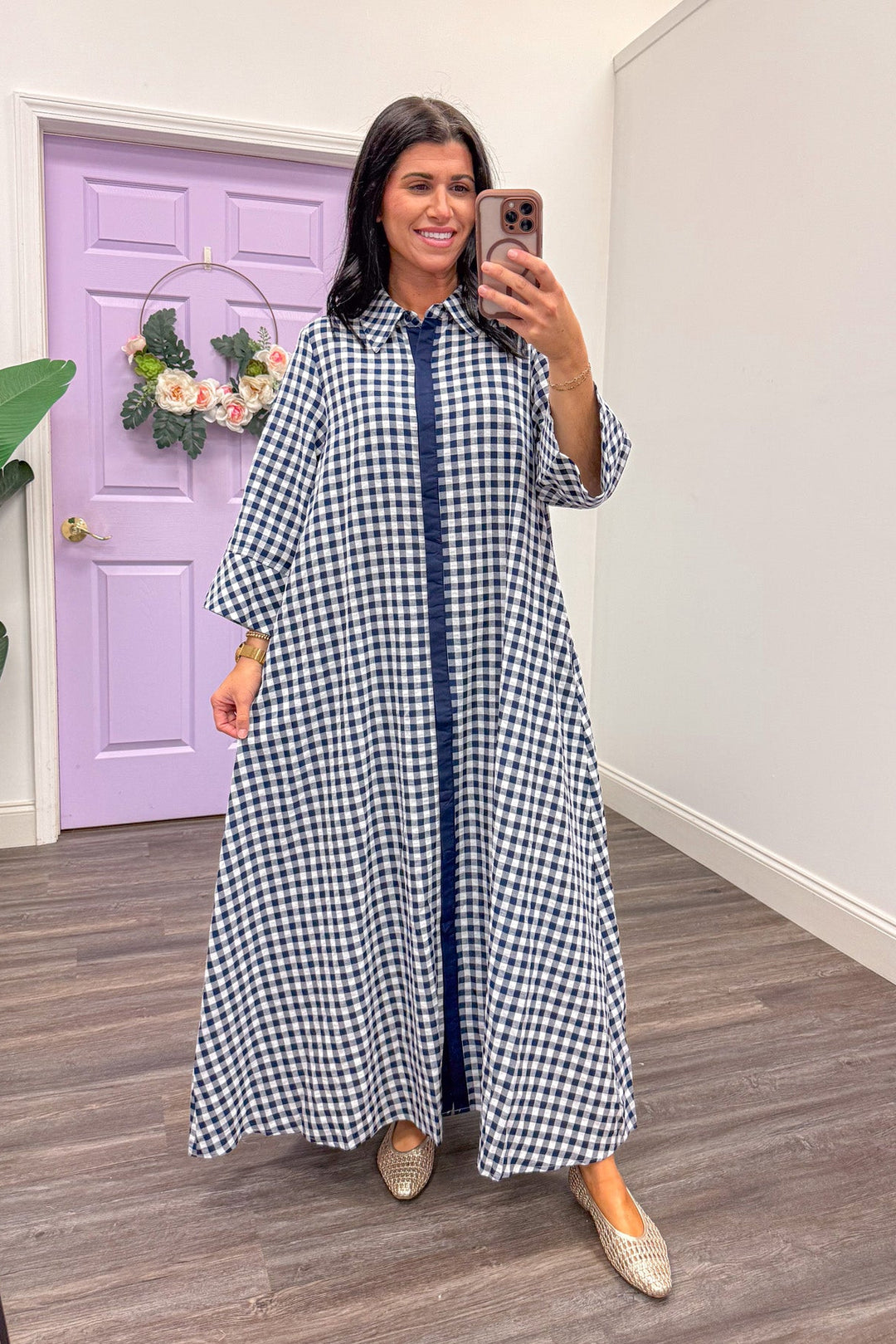 Women's navy white gingham loose flowy maxi dress bump friendly