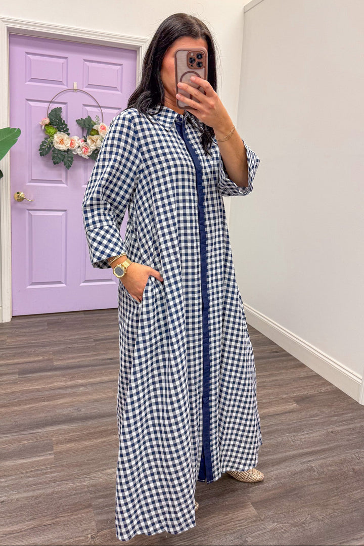 Women's navy white gingham loose flowy maxi dress with pockets