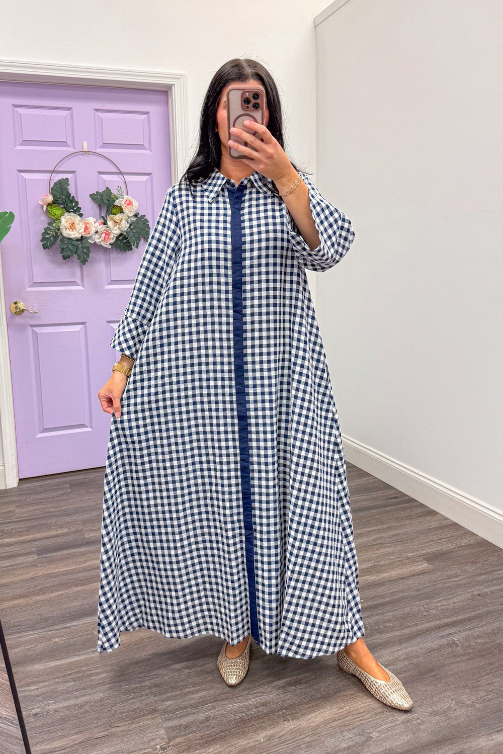 Women's navy and white gingham loose flowy maxi dress