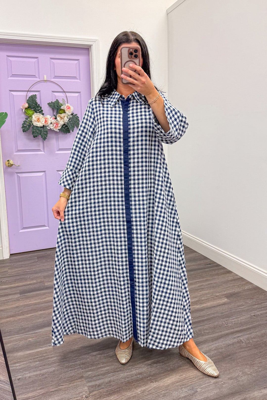 Women's navy and white gingham loose flowy maxi dress