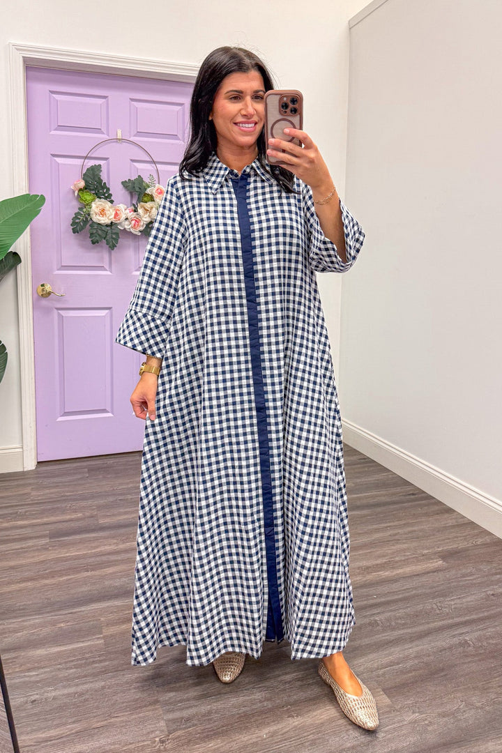 Women's navy white gingham loose flowy maxi dress for Easter