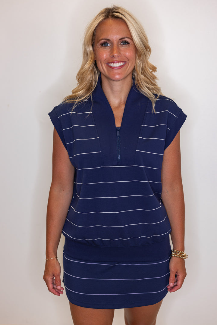 Women's smoky navy and cream striped scuba knit sleeveless top by Rae Mode