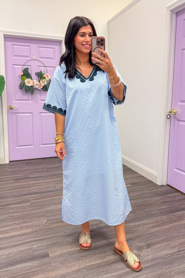 navy white striped embroidered long dress