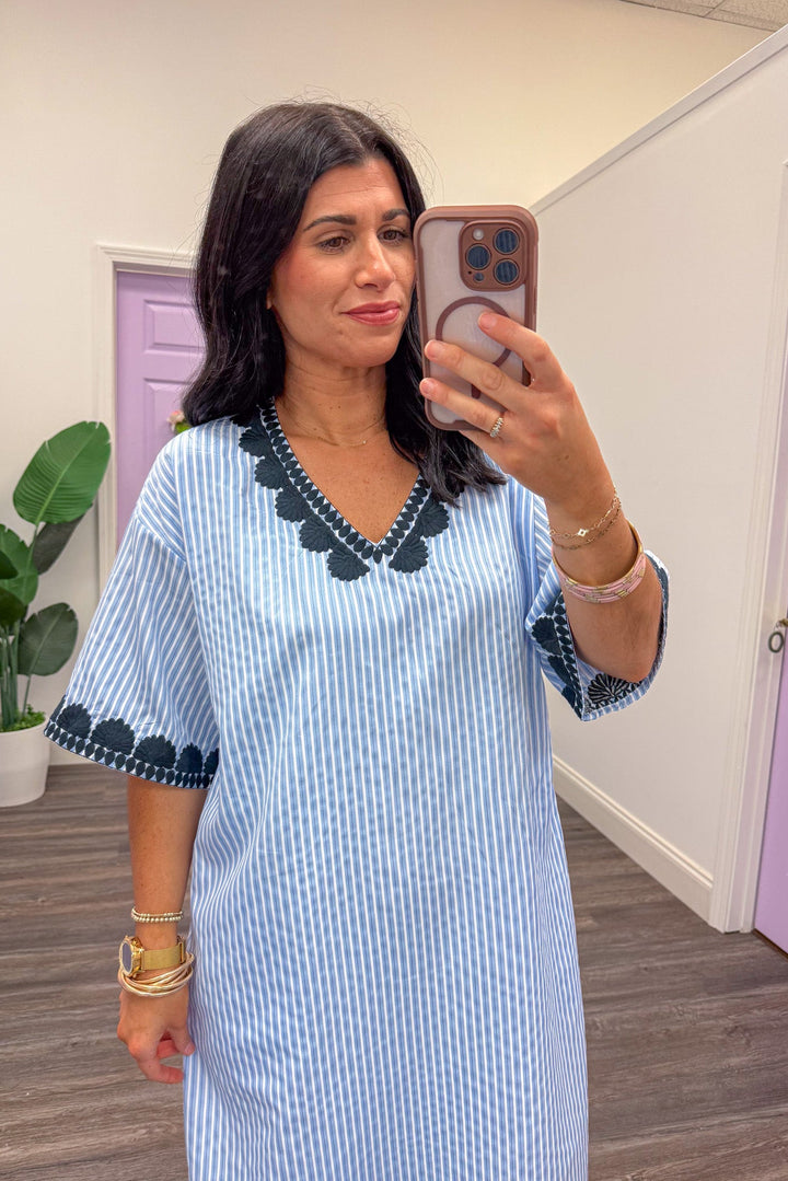navy white striped embroidered poplin cotton dress