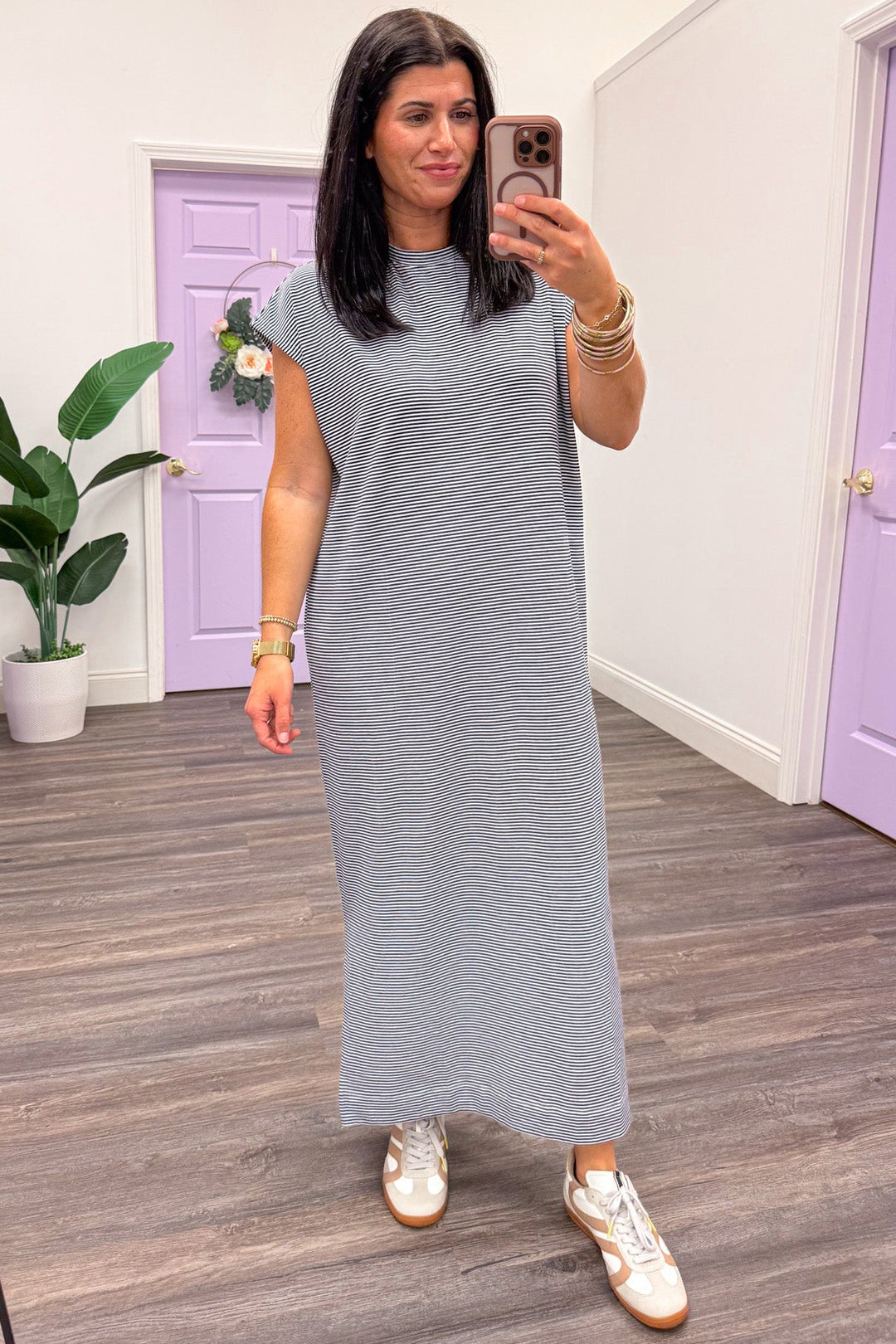 navy and white horizontal striped short sleeve knit midi dress