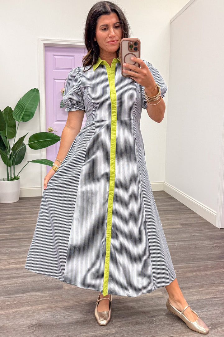 navy and white striped lime trim button front short sleeve cotton midi dress