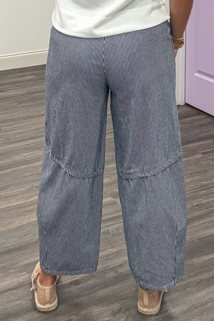 navy blue and white thin vertical striped wide leg lightweight twill barrel pants