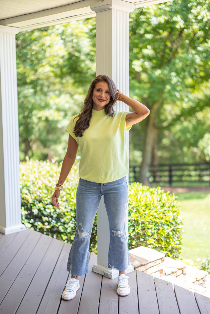 lime mock neck short sleeve sweater